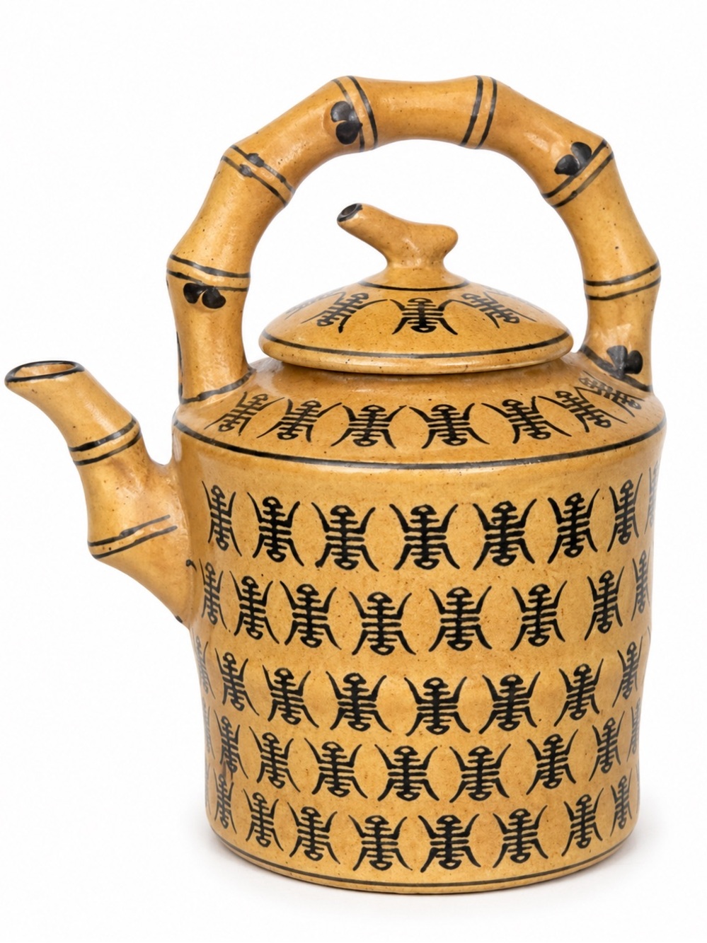 Vintage Decorative Tan Teapot with Black Pattern